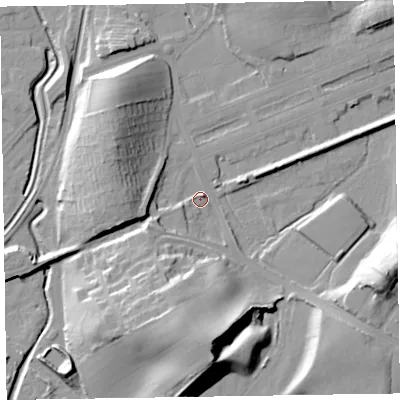 Shaded relief map of the ground around LA130HN, computed from Environment Agency LiDAR. The ground here sits at about 9 m above sea level and falls 29 m across the surrounding 800 m. Surface water reaching this point runs off ground lying to the south, 24.9 m higher.