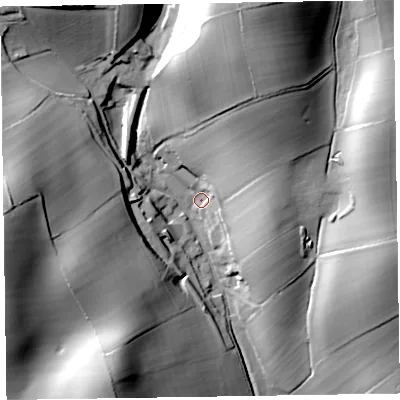 Shaded relief map of the ground around LA130LR, computed from Environment Agency LiDAR. The ground here sits at about 36 m above sea level and falls 54 m across the surrounding 800 m. Surface water reaching this point runs off ground lying to the north-north-east, 46.8 m higher.