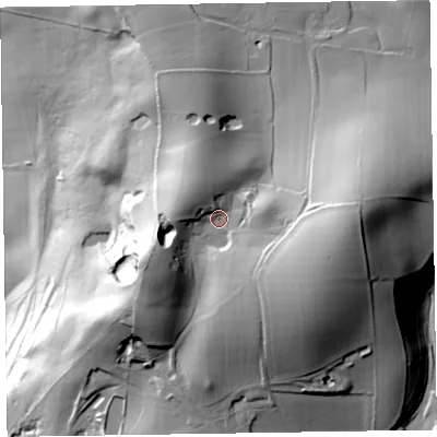 Shaded relief map of the ground around LA130LS, computed from Environment Agency LiDAR. The ground here sits at about 74 m above sea level and falls 82 m across the surrounding 800 m. Surface water reaching this point runs off ground lying to the east-south-east, 21.3 m higher.
