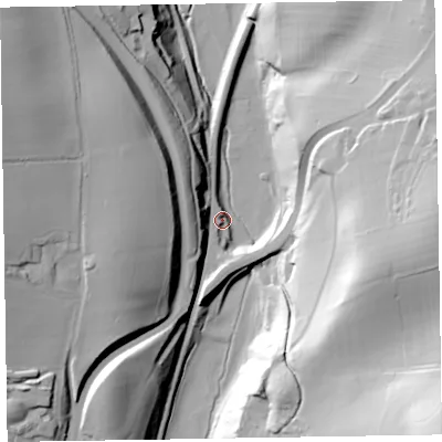 Shaded relief map of the ground around LA130PD, computed from Environment Agency LiDAR. The ground here sits at about 23 m above sea level and falls 70 m across the surrounding 800 m. Surface water reaching this point runs off ground lying to the east, 50.1 m higher.