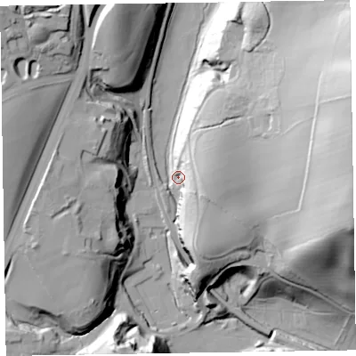 Shaded relief map of the ground around LA130PJ, computed from Environment Agency LiDAR. The ground here sits at about 21 m above sea level and falls 69 m across the surrounding 800 m. Surface water reaching this point runs off ground lying to the east-north-east, 27.3 m higher.