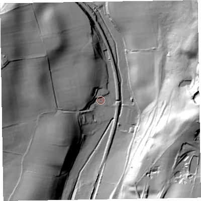 Shaded relief map of the ground around LA130PL, computed from Environment Agency LiDAR. The ground here sits at about 10 m above sea level and falls 73 m across the surrounding 800 m. Surface water reaching this point runs off ground lying to the west-north-west, 13.3 m higher.