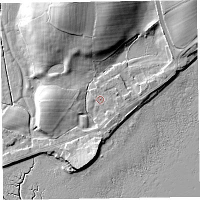 Shaded relief map of the ground around LA130PR, computed from Environment Agency LiDAR. The ground here sits at about 7 m above sea level and falls 22 m across the surrounding 800 m. Surface water reaching this point runs off ground lying to the north-north-west, 19.2 m higher.