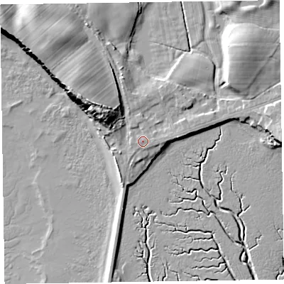 Shaded relief map of the ground around LA130PU, computed from Environment Agency LiDAR. The ground here sits at about 8 m above sea level and falls 16 m across the surrounding 800 m. Surface water reaching this point runs off ground lying to the east, 0.8 m higher.