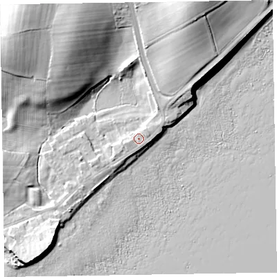 Shaded relief map of the ground around LA130PX, computed from Environment Agency LiDAR. The ground here sits at about 9 m above sea level and falls 22 m across the surrounding 800 m. Surface water reaching this point runs off ground lying to the north-east, 1.2 m higher.