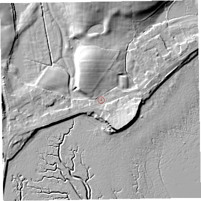 Shaded relief map of the ground around LA130PY, computed from Environment Agency LiDAR. The ground here sits at about 8 m above sea level and falls 14 m across the surrounding 800 m. Surface water reaching this point runs off ground lying to the north-north-west, 4.5 m higher.