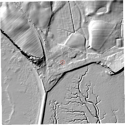 Shaded relief map of the ground around LA130QD, computed from Environment Agency LiDAR. The ground here sits at about 7 m above sea level and falls 15 m across the surrounding 800 m. Surface water reaching this point runs off ground lying to the north-west, 1.9 m higher.