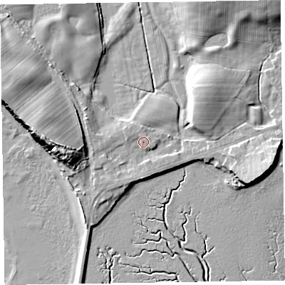 Shaded relief map of the ground around LA130QE, computed from Environment Agency LiDAR. The ground here sits at about 8 m above sea level and falls 15 m across the surrounding 800 m. Surface water reaching this point runs off ground lying to the east-south-east, 1.2 m higher.