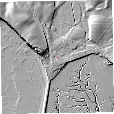 Shaded relief map of the ground around LA130QF, computed from Environment Agency LiDAR. The ground here sits at about 8 m above sea level and falls 16 m across the surrounding 800 m. Surface water reaching this point runs off ground lying to the south-east, 0.9 m higher.