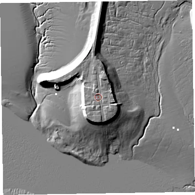 Shaded relief map of the ground around LA130QJ, computed from Environment Agency LiDAR. The ground here sits at about 7 m above sea level and falls 12 m across the surrounding 800 m. Surface water reaching this point runs off ground lying to the south-south-west, 1.2 m higher.