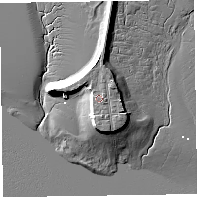 Shaded relief map of the ground around LA130QL, computed from Environment Agency LiDAR. The ground here sits at about 7 m above sea level and falls 12 m across the surrounding 800 m. Surface water reaching this point runs off ground lying to the south-south-east, 1.0 m higher.