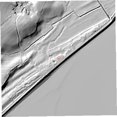 Shaded relief map of the ground around LA130QP, computed from Environment Agency LiDAR. The ground here sits at about 8 m above sea level and falls 18 m across the surrounding 800 m. Surface water reaching this point runs off ground lying to the north-east, 2.0 m higher.