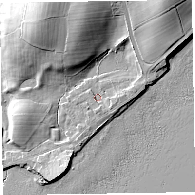 Shaded relief map of the ground around LA130QT, computed from Environment Agency LiDAR. The ground here sits at about 7 m above sea level and falls 22 m across the surrounding 800 m. Surface water reaching this point runs off ground lying to the east, 2.4 m higher.