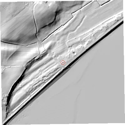 Shaded relief map of the ground around LA130QW, computed from Environment Agency LiDAR. The ground here sits at about 8 m above sea level and falls 19 m across the surrounding 800 m. Surface water reaching this point runs off ground lying to the east-north-east, 0.8 m higher.
