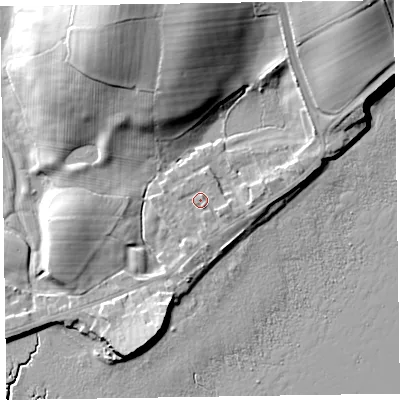 Shaded relief map of the ground around LA130SF, computed from Environment Agency LiDAR. The ground here sits at about 8 m above sea level and falls 22 m across the surrounding 800 m. Surface water reaching this point runs off ground lying to the east-north-east, 1.9 m higher.