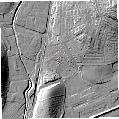 Shaded relief map of the ground around LA130TN, computed from Environment Agency LiDAR. The ground here sits at about 8 m above sea level and falls 47 m across the surrounding 800 m. Surface water reaching this point runs off ground lying to the north-east, 44.7 m higher.