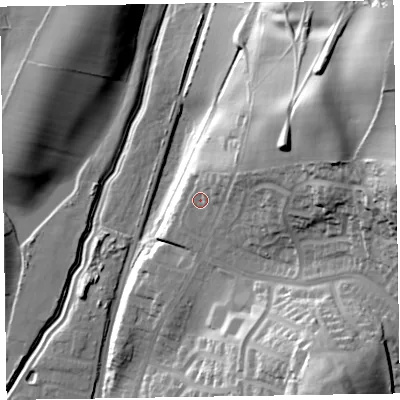 Shaded relief map of the ground around LA130TW, computed from Environment Agency LiDAR. The ground here sits at about 22 m above sea level and falls 61 m across the surrounding 800 m. Surface water reaching this point runs off ground lying to the north-east, 7.0 m higher.