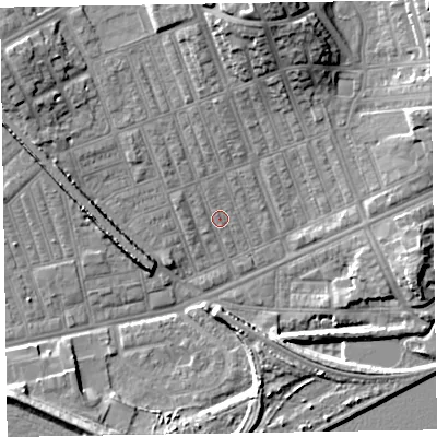 Shaded relief map of the ground around LA139PX, computed from Environment Agency LiDAR. The ground here sits at about 5 m above sea level and falls 15 m across the surrounding 800 m. Surface water reaching this point runs off ground lying to the north-north-east, 14.3 m higher.