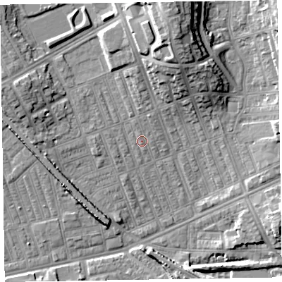 Shaded relief map of the ground around LA139QP, computed from Environment Agency LiDAR. The ground here sits at about 6 m above sea level and falls 17 m across the surrounding 800 m. Surface water reaching this point runs off ground lying to the north, 5.7 m higher.