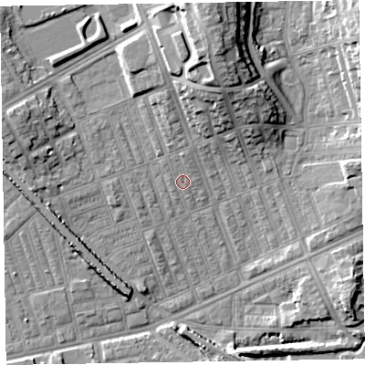 Shaded relief map of the ground around LA139QR, computed from Environment Agency LiDAR. The ground here sits at about 6 m above sea level and falls 17 m across the surrounding 800 m. Surface water reaching this point runs off ground lying to the north, 5.8 m higher.