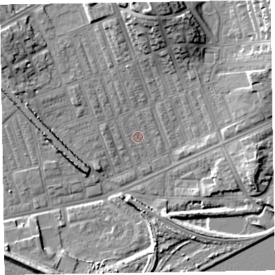 Shaded relief map of the ground around LA139QS, computed from Environment Agency LiDAR. The ground here sits at about 5 m above sea level and falls 15 m across the surrounding 800 m. Surface water reaching this point runs off ground lying to the north, 14.6 m higher.