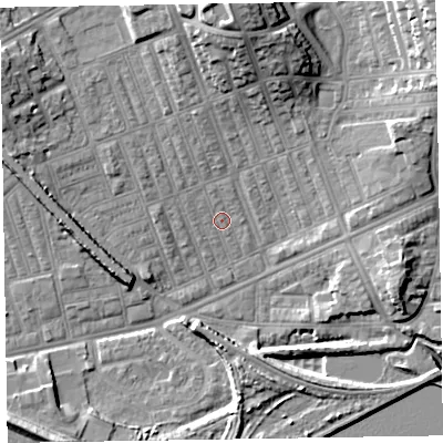 Shaded relief map of the ground around LA139QT, computed from Environment Agency LiDAR. The ground here sits at about 5 m above sea level and falls 16 m across the surrounding 800 m. Surface water reaching this point runs off ground lying to the north, 14.9 m higher.