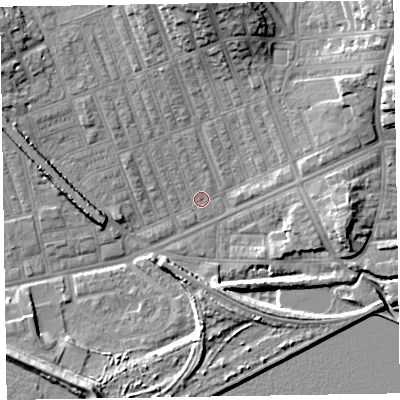 Shaded relief map of the ground around LA139QU, computed from Environment Agency LiDAR. The ground here sits at about 4 m above sea level and falls 14 m across the surrounding 800 m. Surface water reaching this point runs off ground lying to the north-east, 13.0 m higher.