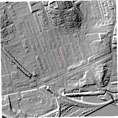 Shaded relief map of the ground around LA139QX, computed from Environment Agency LiDAR. The ground here sits at about 5 m above sea level and falls 17 m across the surrounding 800 m. Surface water reaching this point runs off ground lying to the north-east, 16.0 m higher.
