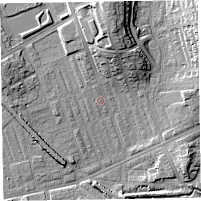 Shaded relief map of the ground around LA139QY, computed from Environment Agency LiDAR. The ground here sits at about 6 m above sea level and falls 17 m across the surrounding 800 m. Surface water reaching this point runs off ground lying to the north, 13.4 m higher.