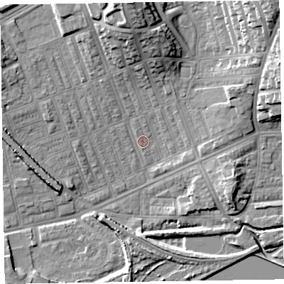 Shaded relief map of the ground around LA139RD, computed from Environment Agency LiDAR. The ground here sits at about 5 m above sea level and falls 18 m across the surrounding 800 m. Surface water reaching this point runs off ground lying to the north, 14.5 m higher.