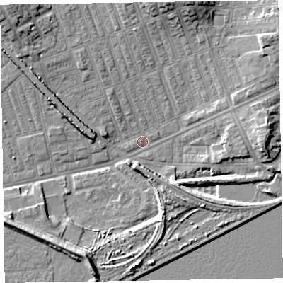 Shaded relief map of the ground around LA139RG, computed from Environment Agency LiDAR. The ground here sits at about 4 m above sea level and falls 10 m across the surrounding 800 m. Surface water reaching this point runs off ground lying to the north-north-east, 9.1 m higher.