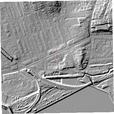 Shaded relief map of the ground around LA139RH, computed from Environment Agency LiDAR. The ground here sits at about 5 m above sea level and falls 20 m across the surrounding 800 m. Surface water reaching this point runs off ground lying to the east, 6.4 m higher.
