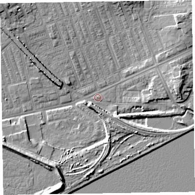Shaded relief map of the ground around LA139RQ, computed from Environment Agency LiDAR. The ground here sits at about 4 m above sea level and falls 10 m across the surrounding 800 m. Surface water reaching this point runs off ground lying to the east, 8.0 m higher.