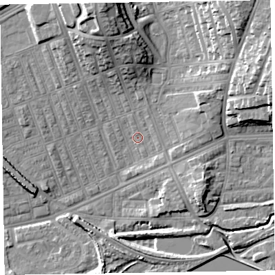 Shaded relief map of the ground around LA139RU, computed from Environment Agency LiDAR. The ground here sits at about 5 m above sea level and falls 18 m across the surrounding 800 m. Surface water reaching this point runs off ground lying to the north-north-east, 1.2 m higher.