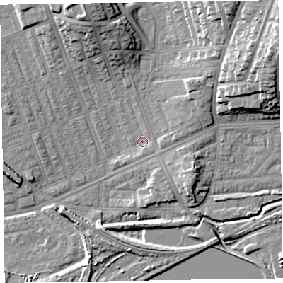 Shaded relief map of the ground around LA139RW, computed from Environment Agency LiDAR. The ground here sits at about 6 m above sea level and falls 21 m across the surrounding 800 m. Surface water reaching this point runs off ground lying to the north-north-east, 14.5 m higher.