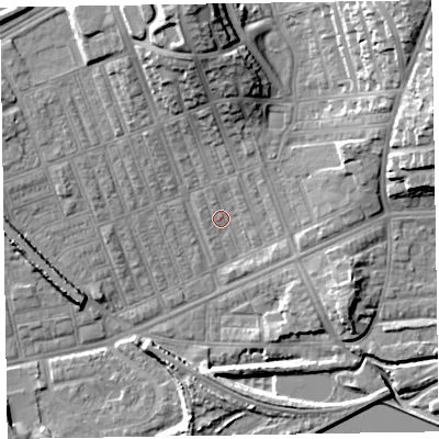 Shaded relief map of the ground around LA139RX, computed from Environment Agency LiDAR. The ground here sits at about 5 m above sea level and falls 18 m across the surrounding 800 m. Surface water reaching this point runs off ground lying to the north, 1.5 m higher.