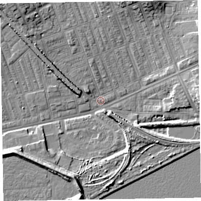 Shaded relief map of the ground around LA139SN, computed from Environment Agency LiDAR. The ground here sits at about 4 m above sea level and falls 10 m across the surrounding 800 m. Surface water reaching this point runs off ground lying to the south-south-west, 8.8 m higher.
