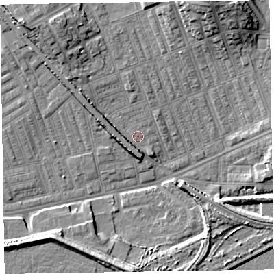 Shaded relief map of the ground around LA139SP, computed from Environment Agency LiDAR. The ground here sits at about 5 m above sea level and falls 14 m across the surrounding 800 m. Surface water reaching this point runs off ground lying to the north-west, 7.7 m higher.