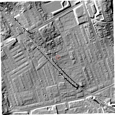 Shaded relief map of the ground around LA139SS, computed from Environment Agency LiDAR. The ground here sits at about 7 m above sea level and falls 16 m across the surrounding 800 m. Surface water reaching this point runs off ground lying to the north-west, 1.4 m higher.