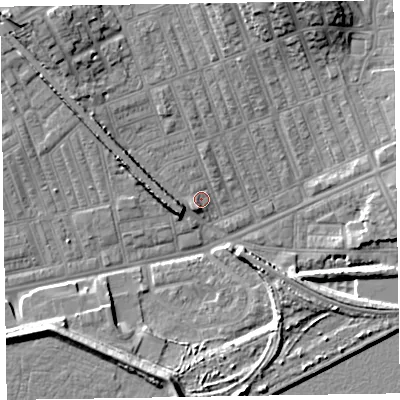 Shaded relief map of the ground around LA139SW, computed from Environment Agency LiDAR. The ground here sits at about 5 m above sea level and falls 12 m across the surrounding 800 m. Surface water reaching this point runs off ground lying to the north-west, 9.6 m higher.
