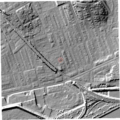 Shaded relief map of the ground around LA139TE, computed from Environment Agency LiDAR. The ground here sits at about 5 m above sea level and falls 14 m across the surrounding 800 m. Surface water reaching this point runs off ground lying to the north-west, 10.9 m higher.