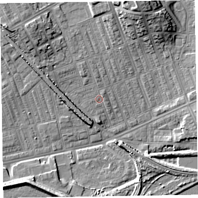 Shaded relief map of the ground around LA139TF, computed from Environment Agency LiDAR. The ground here sits at about 5 m above sea level and falls 15 m across the surrounding 800 m. Surface water reaching this point runs off ground lying to the north, 0.6 m higher.