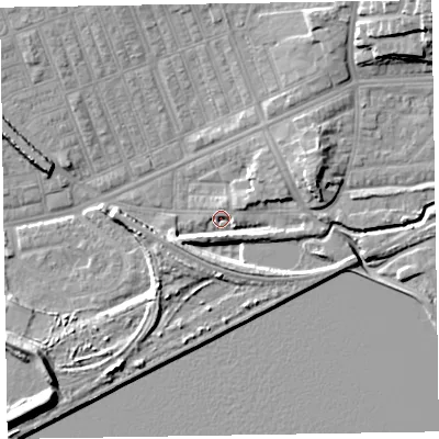 Shaded relief map of the ground around LA139TN, computed from Environment Agency LiDAR. The ground here sits at about 4 m above sea level and falls 17 m across the surrounding 800 m. Surface water reaching this point runs off ground lying to the east-north-east, 8.0 m higher.