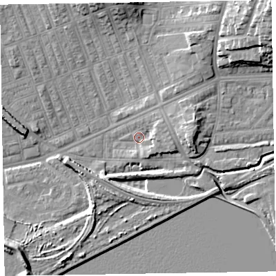 Shaded relief map of the ground around LA139TP, computed from Environment Agency LiDAR. The ground here sits at about 5 m above sea level and falls 20 m across the surrounding 800 m. Surface water reaching this point runs off ground lying to the east, 3.8 m higher.