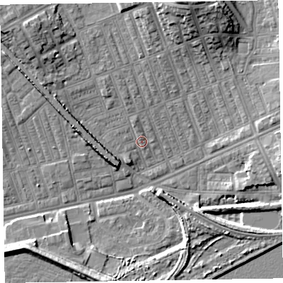Shaded relief map of the ground around LA139TQ, computed from Environment Agency LiDAR. The ground here sits at about 5 m above sea level and falls 14 m across the surrounding 800 m. Surface water reaching this point runs off ground lying to the north-west, 8.6 m higher.