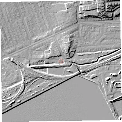 Shaded relief map of the ground around LA139TR, computed from Environment Agency LiDAR. The ground here sits at about 5 m above sea level and falls 18 m across the surrounding 800 m. Surface water reaching this point runs off ground lying to the north-north-east, 6.2 m higher.