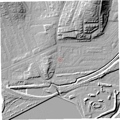 Shaded relief map of the ground around LA139TT, computed from Environment Agency LiDAR. The ground here sits at about 6 m above sea level and falls 24 m across the surrounding 800 m. Surface water reaching this point runs off ground lying to the west, 3.8 m higher.