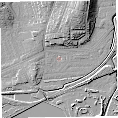 Shaded relief map of the ground around LA139TU, computed from Environment Agency LiDAR. The ground here sits at about 6 m above sea level and falls 24 m across the surrounding 800 m. Surface water reaching this point runs off ground lying to the west-north-west, 1.2 m higher.