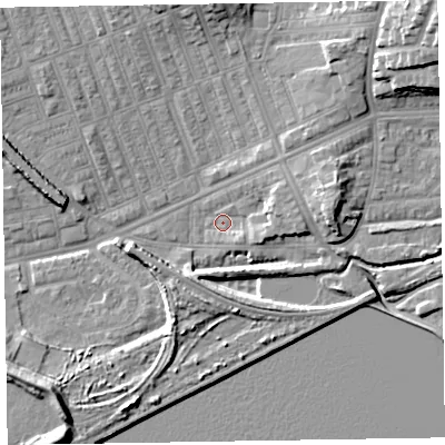 Shaded relief map of the ground around LA139TW, computed from Environment Agency LiDAR. The ground here sits at about 4 m above sea level and falls 17 m across the surrounding 800 m. Surface water reaching this point runs off ground lying to the east, 8.0 m higher.
