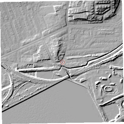 Shaded relief map of the ground around LA139UE, computed from Environment Agency LiDAR. The ground here sits at about 6 m above sea level and falls 19 m across the surrounding 800 m. Surface water reaching this point runs off ground lying to the north-west, 4.9 m higher.